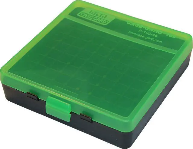 Main image of Case-Gard P-100-9-16T Ammo Box, 100 Round Flip-Top, Fits 9mm 380 ACP, Easy to Grip, Stackable, Snap Lock Latch, 4.75"x 5.13"x1.46", USA Made, Clear Green/Black