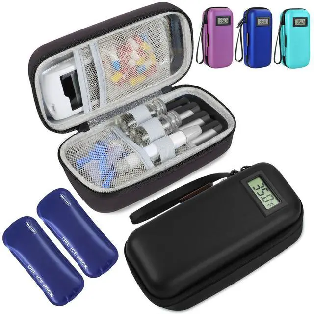 Main image of Temperature Display Insulin Travel Case, 2PCS Ice Packs, Black