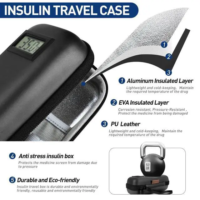 Alt view image 5 of 7 - Temperature Display Insulin Travel Case, 2PCS Ice Packs, Black
