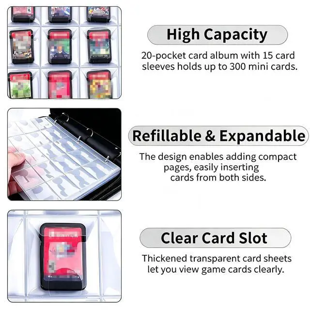 Alt view image 4 of 6 - Mini Game Card Binder, 300 Slots Portable Card Holder Organizer, Water-Resistant Faux Leather Zipper Case for Game NFC Tags, SD Memory Cards, PS Vita Cartridges