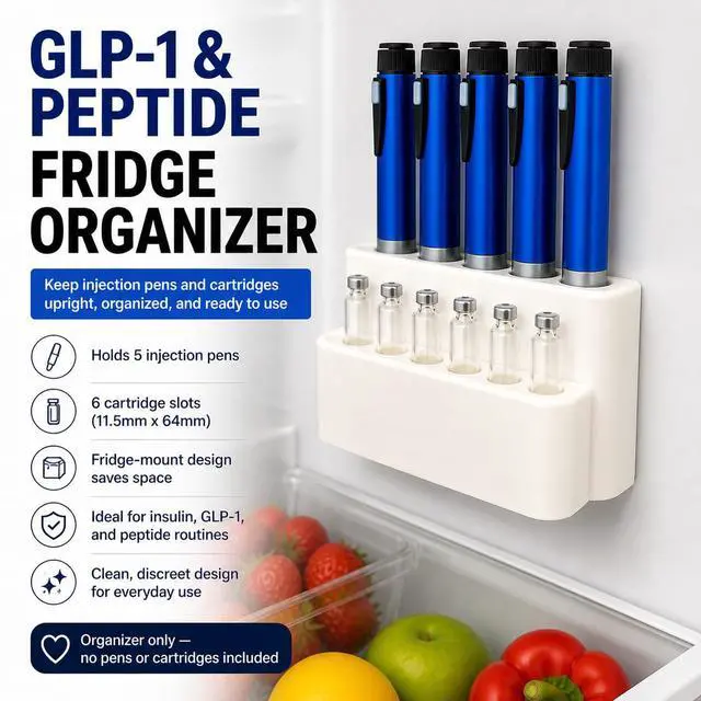Alt view image 2 of 7 - Fridge Mount Injection Pen Organizer Holds 5 Pens + 6 Cartridges GLP-1, Insulin, Peptide Pen Storage Holder for Refrigerator Space-Saving Cold Storage Rack
