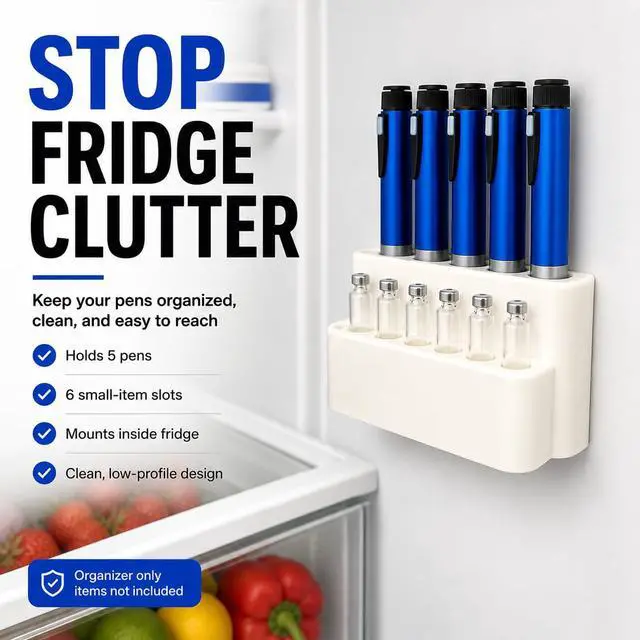 Alt view image 4 of 7 - Fridge Mount Injection Pen Organizer Holds 5 Pens + 6 Cartridges GLP-1, Insulin, Peptide Pen Storage Holder for Refrigerator Space-Saving Cold Storage Rack