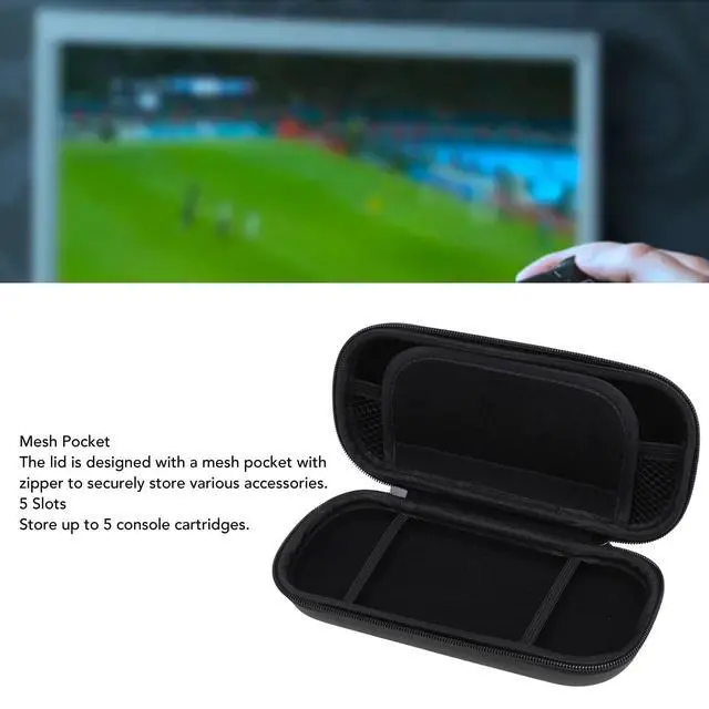 Alt view image 3 of 7 - 3000 Carrying Case, Hard Game Console Protective Case Bag with Wrist Band, 5 Game Cartridge Slots, Travel Pocket Pouch and Mesh Pocket, Water PU EVA (Black)