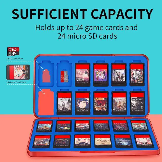 Alt view image 2 of 7 - Switch Game Holder Case with 24 Cartridge Slots and 24 Micro SD Card Storage, Slim Portable Game Organizer Traveler Gift Accessories with Magnetic Closure, Protective Hard Shell and Soft Lining