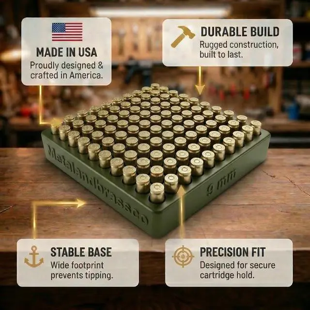Alt view image 4 of 7 - 9mm Reloading Tray 100 Round Capacity Loading Block Cartridge Organizer for Handgun Reloading Bench Use -Army Green