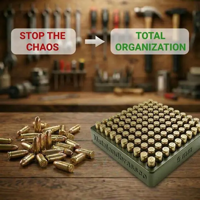 Alt view image 5 of 7 - 9mm Reloading Tray 100 Round Capacity Loading Block Cartridge Organizer for Handgun Reloading Bench Use -Army Green