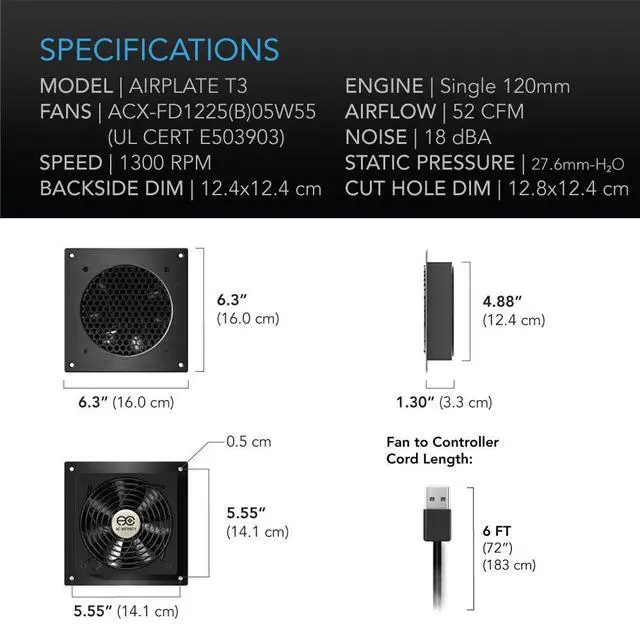 Alt view image 6 of 7 - AIRPLATE T3, Quiet Cooling Fan System 6" with Thermostat Control, for Home Theater AV Cabinets