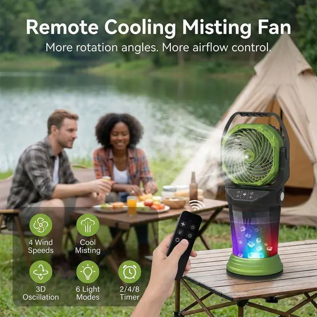 Alt view image 2 of 7 - Portable Misting Fan with Remote, 2L Water Tank & 2 Spray Modes, 30000mAh Rechargeable Outdoor Cooling Fan, 4 Wind Speeds, 3 Timers, 120° Oscillation, RGB Lights & Flashlight for Camping Beach Patio