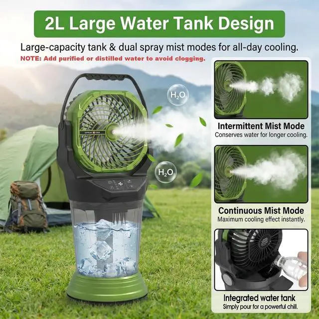 Alt view image 4 of 7 - Portable Misting Fan with Remote, 2L Water Tank & 2 Spray Modes, 30000mAh Rechargeable Outdoor Cooling Fan, 4 Wind Speeds, 3 Timers, 120° Oscillation, RGB Lights & Flashlight for Camping Beach Patio