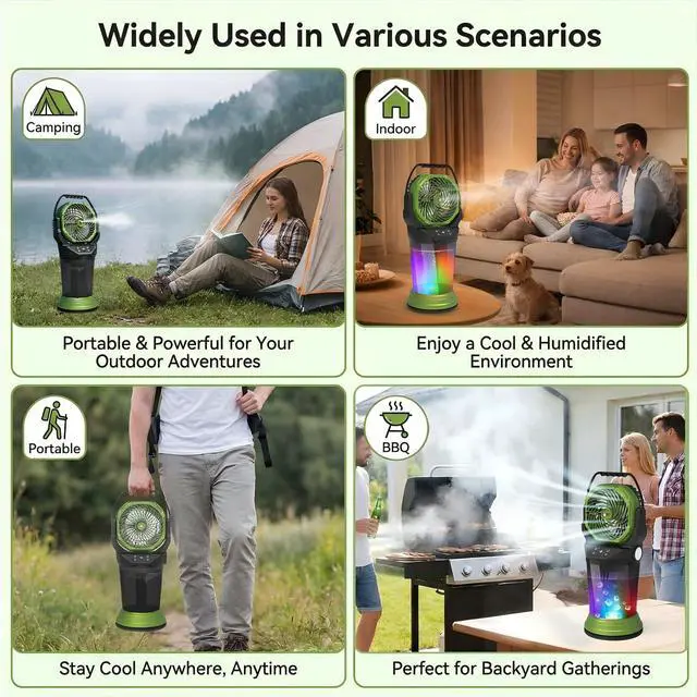 Alt view image 7 of 7 - Portable Misting Fan with Remote, 2L Water Tank & 2 Spray Modes, 30000mAh Rechargeable Outdoor Cooling Fan, 4 Wind Speeds, 3 Timers, 120° Oscillation, RGB Lights & Flashlight for Camping Beach Patio