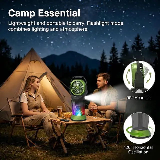 Alt view image 6 of 7 - Portable Misting Fan with Remote, 2L Water Tank & 2 Spray Modes, 30000mAh Rechargeable Outdoor Cooling Fan, 4 Wind Speeds, 3 Timers, 120° Oscillation, RGB Lights & Flashlight for Camping Beach Patio
