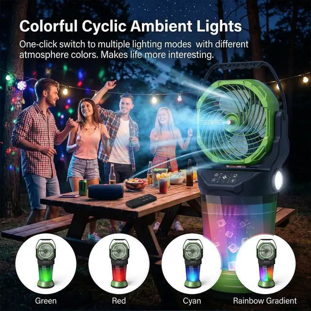 Alt view image 5 of 7 - Portable Misting Fan with Remote, 2L Water Tank & 2 Spray Modes, 30000mAh Rechargeable Outdoor Cooling Fan, 4 Wind Speeds, 3 Timers, 120° Oscillation, RGB Lights & Flashlight for Camping Beach Patio