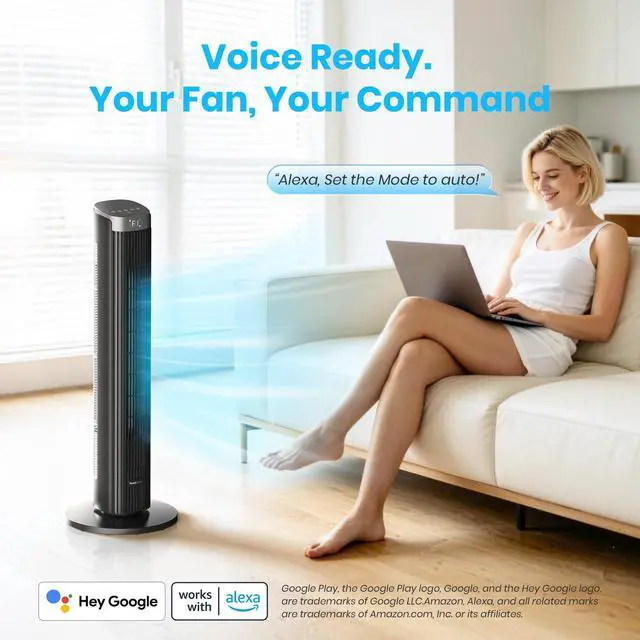 Alt view image 3 of 7 - Tower Fan for Bedroom, 23dB, 90°oscillating, Smart Control, Black