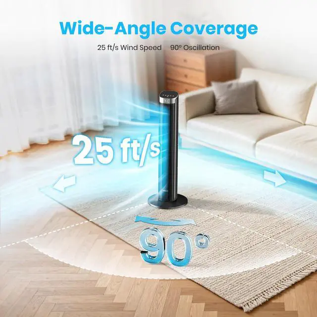 Alt view image 2 of 7 - Tower Fan for Bedroom, 23dB, 90°oscillating, Smart Control, Black