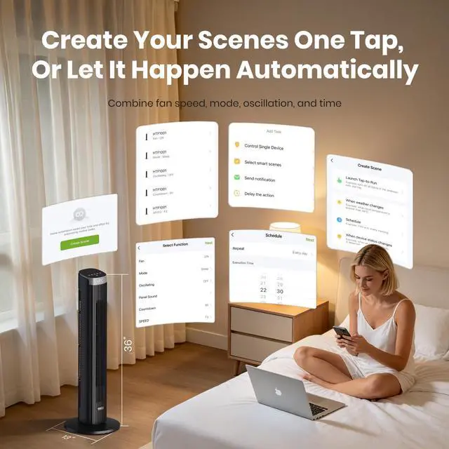 Alt view image 5 of 7 - Tower Fan for Bedroom, 23dB, 90°oscillating, Smart Control, Black
