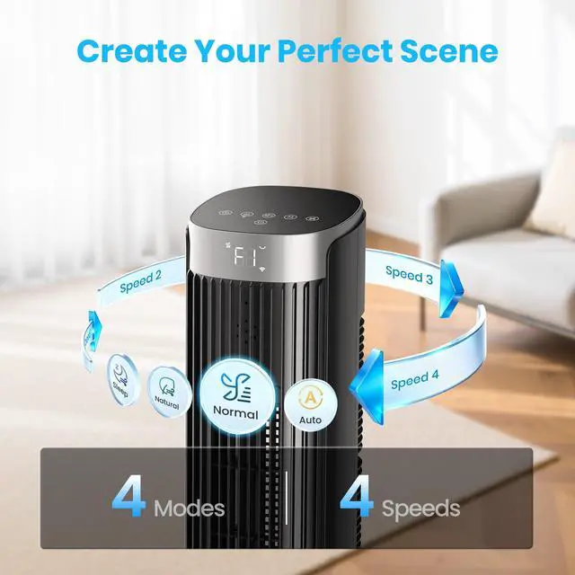 Alt view image 6 of 7 - Tower Fan for Bedroom, 23dB, 90°oscillating, Smart Control, Black