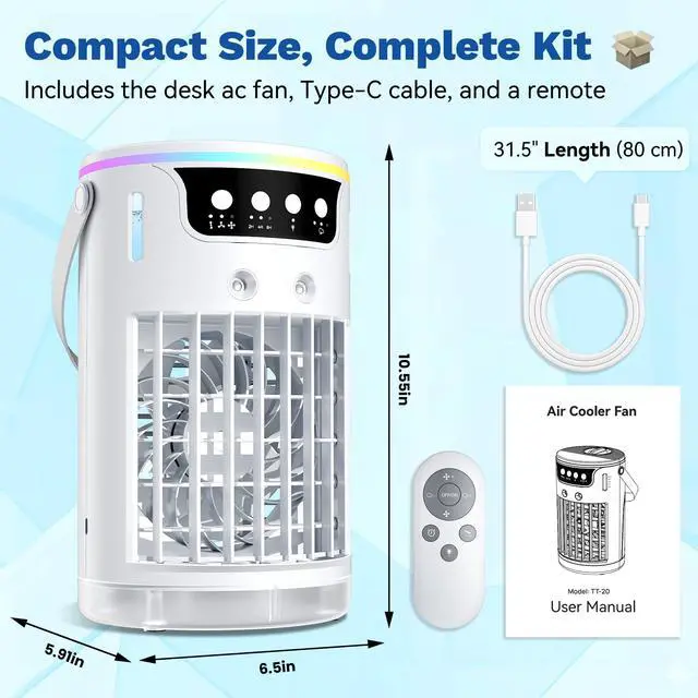 Alt view image 4 of 7 - Portable Air Conditioners, Mini Evaporative Air Cooler 1200ML with Ice Cooling Mist, Fans That Blow Cold Air Like AC, Personal Swamp Cooler Quiet for Bedroom, Home Office Desk and Dorm
