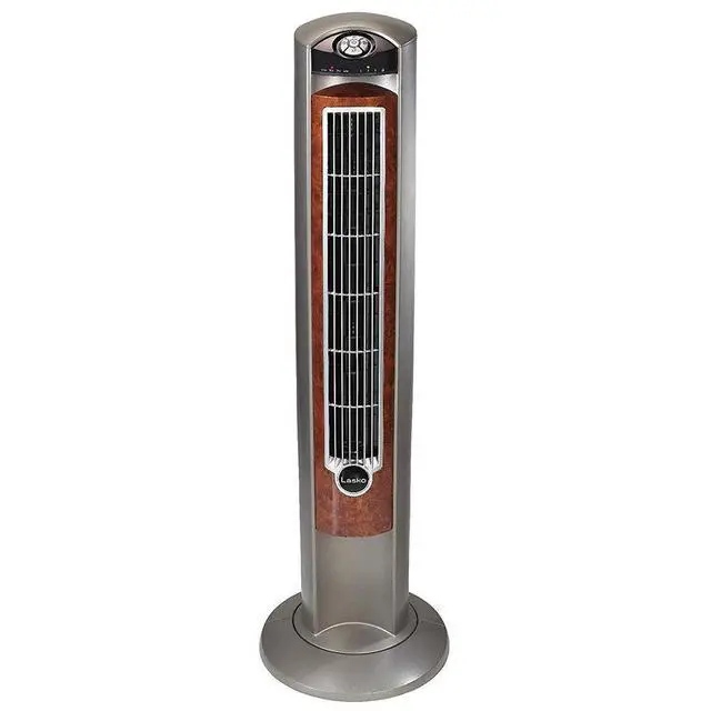 Alt view image 2 of 7 - Oscillating Tower Fan with Remote - Quiet Standing Fan for Bedroom, Office, and Home - 3 Speeds - Powerful Cooling Air - T42954 - 42" Tall Gray/Woodgrain