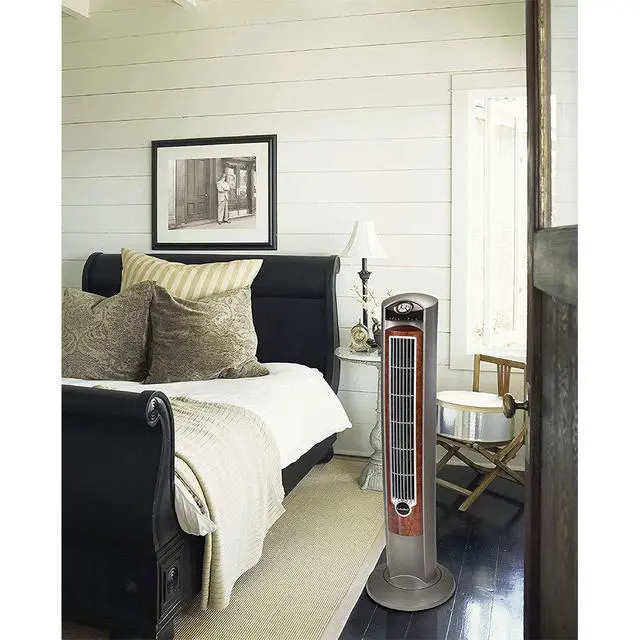 Alt view image 6 of 7 - Oscillating Tower Fan with Remote - Quiet Standing Fan for Bedroom, Office, and Home - 3 Speeds - Powerful Cooling Air - T42954 - 42" Tall Gray/Woodgrain