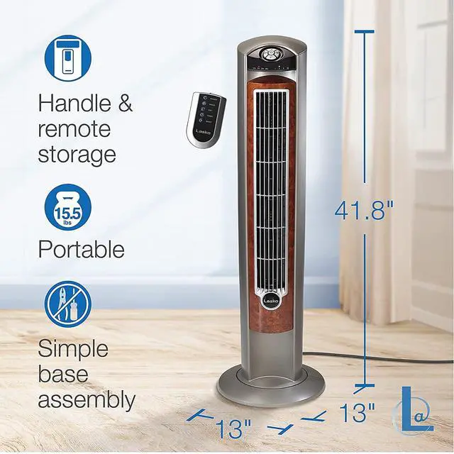 Alt view image 7 of 7 - Oscillating Tower Fan with Remote - Quiet Standing Fan for Bedroom, Office, and Home - 3 Speeds - Powerful Cooling Air - T42954 - 42" Tall Gray/Woodgrain