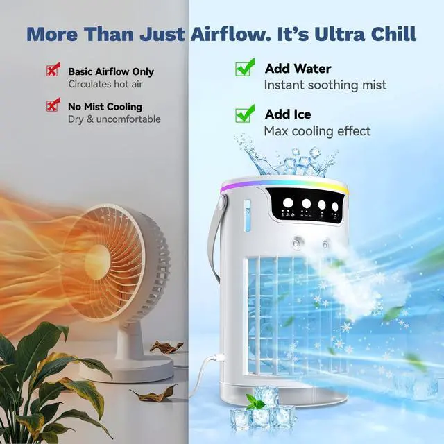 Alt view image 3 of 7 - Portable Air Conditioners, Personal Evaporative Air Cooler 1200ML with Ice Cooling Mist Fans That Blow Cold Air Like AC Mini AC Unit for Bedroom, Home Office Desk and Car RV (White)