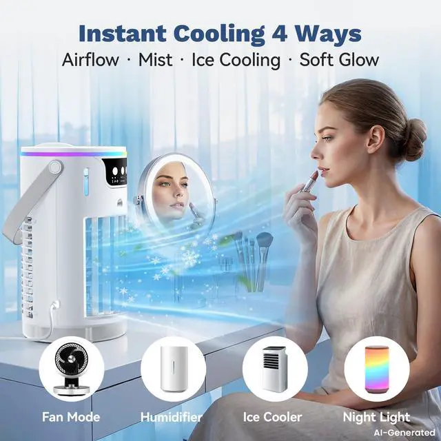 Alt view image 4 of 7 - Portable Air Conditioners, Personal Evaporative Air Cooler 1200ML with Ice Cooling Mist Fans That Blow Cold Air Like AC Mini AC Unit for Bedroom, Home Office Desk and Car RV (White)