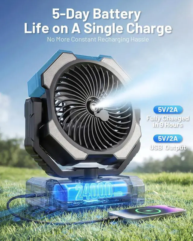 Alt view image 3 of 7 - Misting Fan, Portable Camping Fans with 9oz Water Tank, 24000mAh Rechargeable Fan with 4 Speed, Battery Powered Fans with 120H Cooling, Last 5H Mist, 2 Mist Modes, Light, Outsides/Summer Essential