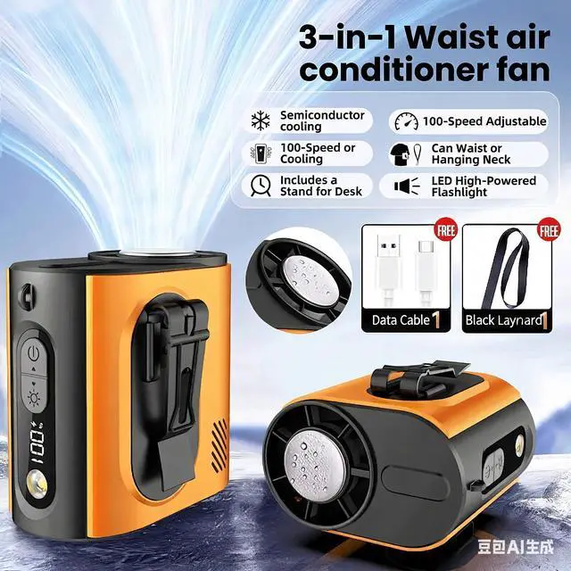 Alt view image 4 of 7 - Portable Wearable Waist Iec Fan,with Semiconductor Ice Cooler,10000mAh Rechargeable Clip On Belt Cooling Fan, 100-Speed/16000RPM Personal Body Fans,25H Work Time for Camping, Outdoor, JobsiteOrange