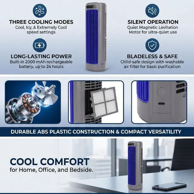 Alt view image 3 of 7 - Portable Air Cooler Desktop Air Cooler Mini AC Fan 3 Speed Portable Conditioner Fan USB Rechargeable Bladeless Washable Filter Wall Mount for Bedroom Office Dorm