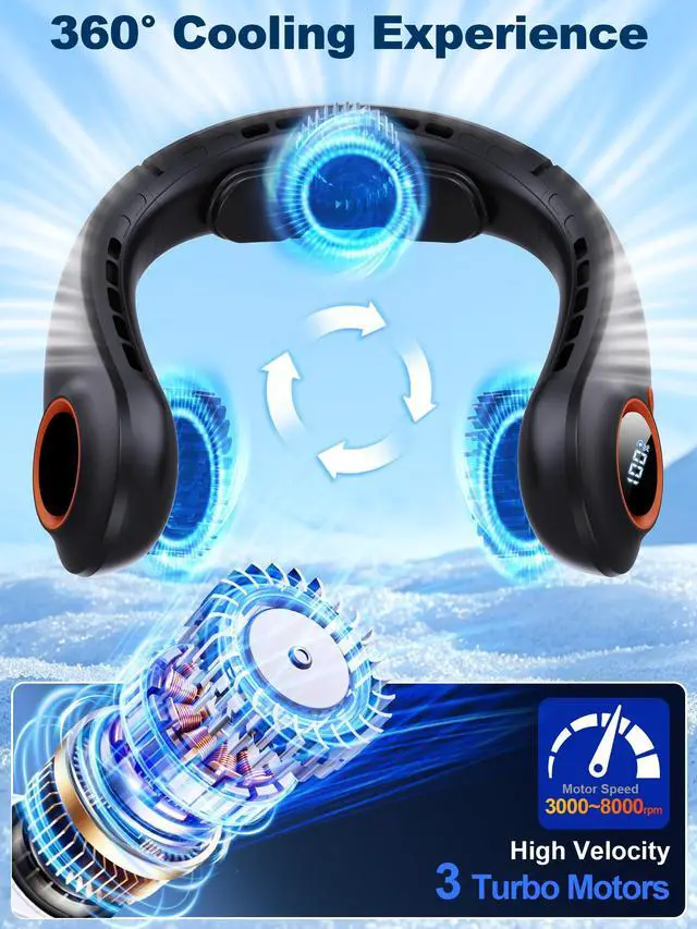 Alt view image 2 of 7 - 3 Motors Neck Fan, Neck Fans That Blow Cold Air, 360° Cooling, LED Display, 5 Speeds Powerful Wind, 5000mAh Rechargeable Battery, Hands-Free Wearable Personal Neck Cooler, Gift for Kid Men Women