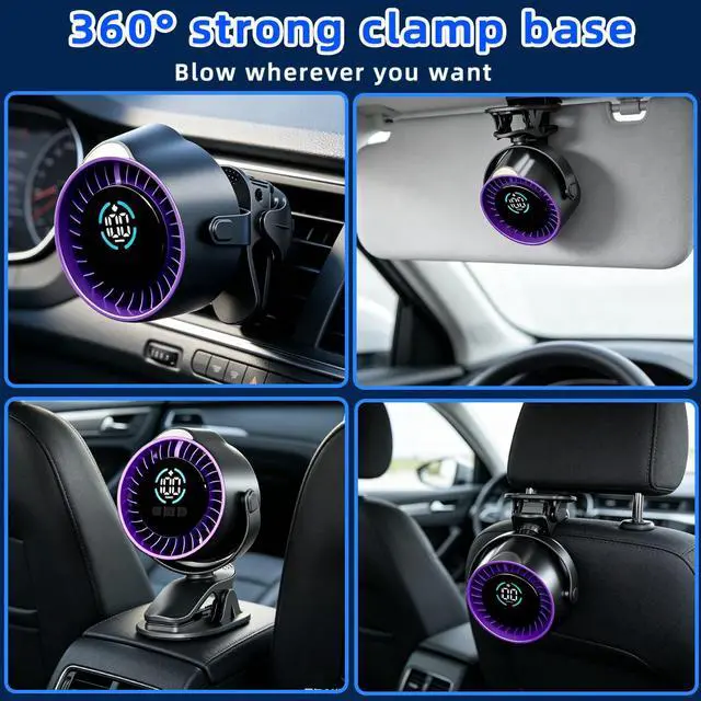 Alt view image 3 of 7 - Car Fan,3in1 Portable Fan Clipon/Hang/Stand 3D Circulating Air Car Cooler with LED Display,USB Rechargeable Quiet Vehicle Fan for SUV Truck RV,Ideal Summer Gift for Drivers