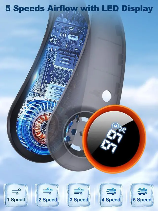 Alt view image 3 of 7 - 3 Motors Neck Fan, Neck Fans That Blow Cold Air, 360° Cooling, LED Display, 5 Speeds Powerful Wind, 5000mAh Rechargeable Battery, Hands-Free Wearable Personal Neck Cooler, Gift for Kid Men Women