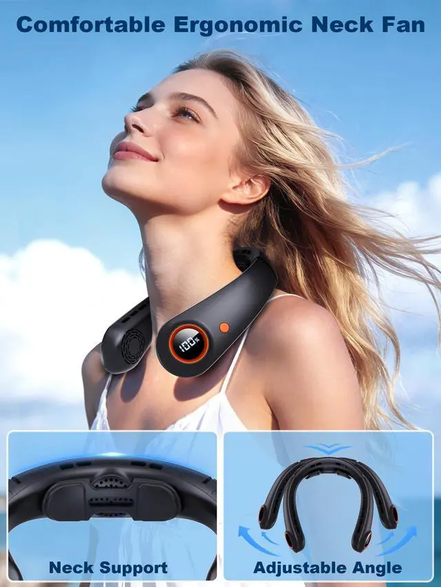 Alt view image 5 of 7 - 3 Motors Neck Fan, Neck Fans That Blow Cold Air, 360° Cooling, LED Display, 5 Speeds Powerful Wind, 5000mAh Rechargeable Battery, Hands-Free Wearable Personal Neck Cooler, Gift for Kid Men Women