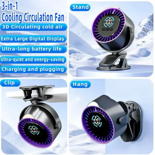 Alt view image 5 of 7 - Car Fan,3in1 Portable Fan Clipon/Hang/Stand 3D Circulating Air Car Cooler with LED Display,USB Rechargeable Quiet Vehicle Fan for SUV Truck RV,Ideal Summer Gift for Drivers