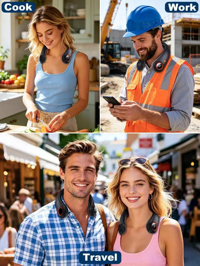 Alt view image 7 of 7 - 3 Motors Neck Fan, Neck Fans That Blow Cold Air, 360° Cooling, LED Display, 5 Speeds Powerful Wind, 5000mAh Rechargeable Battery, Hands-Free Wearable Personal Neck Cooler, Gift for Kid Men Women