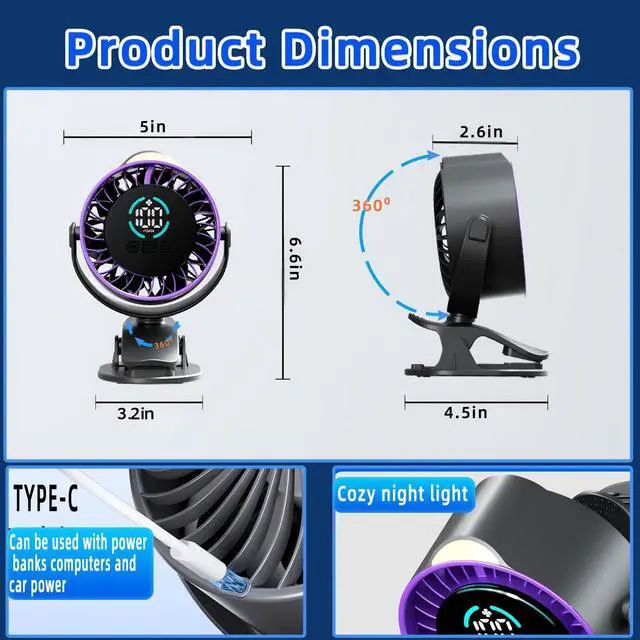 Alt view image 6 of 7 - Car Fan,3in1 Portable Fan Clipon/Hang/Stand 3D Circulating Air Car Cooler with LED Display,USB Rechargeable Quiet Vehicle Fan for SUV Truck RV,Ideal Summer Gift for Drivers