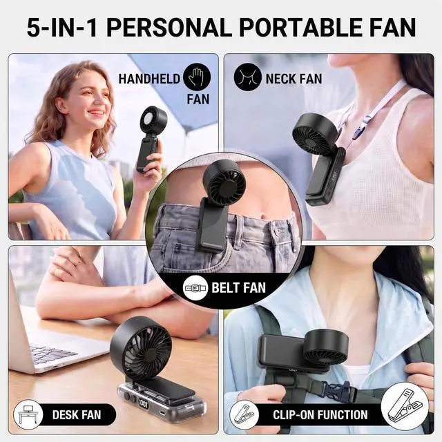 Alt view image 3 of 7 - Portable Fan, Clip-On Mini Handheld Fan with Ice Cooling, Turbo Personal Handheld Fans Rechargeable w/ 5 Wind wirh LED Display Black