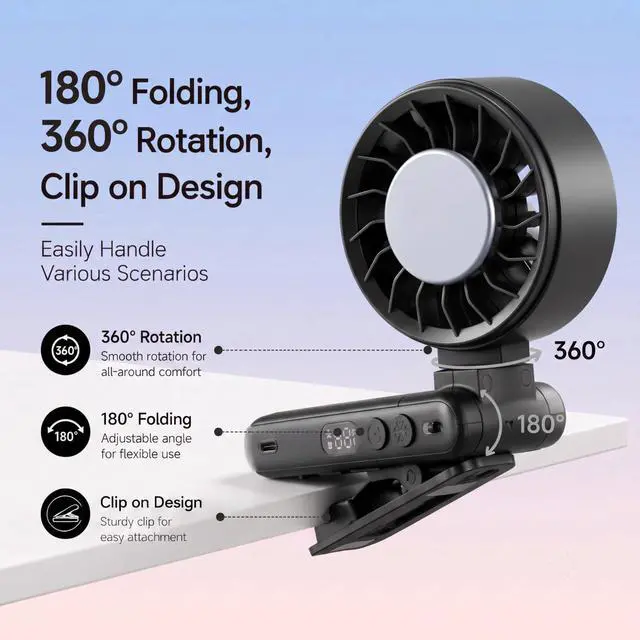 Alt view image 5 of 7 - Portable Fan, Clip-On Mini Handheld Fan with Ice Cooling, Turbo Personal Handheld Fans Rechargeable w/ 5 Wind wirh LED Display Black