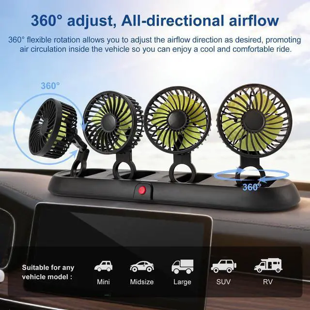 Alt view image 2 of 7 - Portable 4-Head Car Cooling Fan with Cigarette Lighter Plug