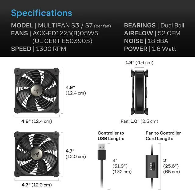 Alt view image 6 of 7 - MULTIFAN S7, Quiet Dual 120mm USB Fan, UL-Certified for Receiver DVR Playstation Xbox Computer Cabinet Cooling