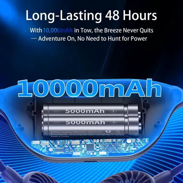 Alt view image 2 of 7 - 10000mAh Portable Neck Fan Rechargeable, 48Hrs Long-Lasted Wearable Personal Fans, Hands Free Necklace Fans, Hanging Cooling Fan for Travel, Hiking, Fishing, Gifts for Women Men