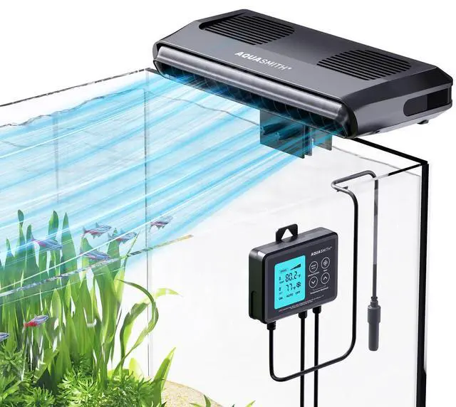 Main image of Aquarium Chiller Fan,Fish Tank Cooler with Temperature Control,Minimum Setting 59,Auto Start/Stop,Refrigeration Effect 3-7,3-Speed Modes,for Axolotl Seawater Freshwater Coral Grass Tank