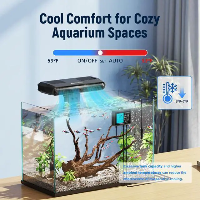 Alt view image 2 of 7 - Aquarium Chiller Fan,Fish Tank Cooler with Temperature Control,Minimum Setting 59,Auto Start/Stop,Refrigeration Effect 3-7,3-Speed Modes,for Axolotl Seawater Freshwater Coral Grass Tank