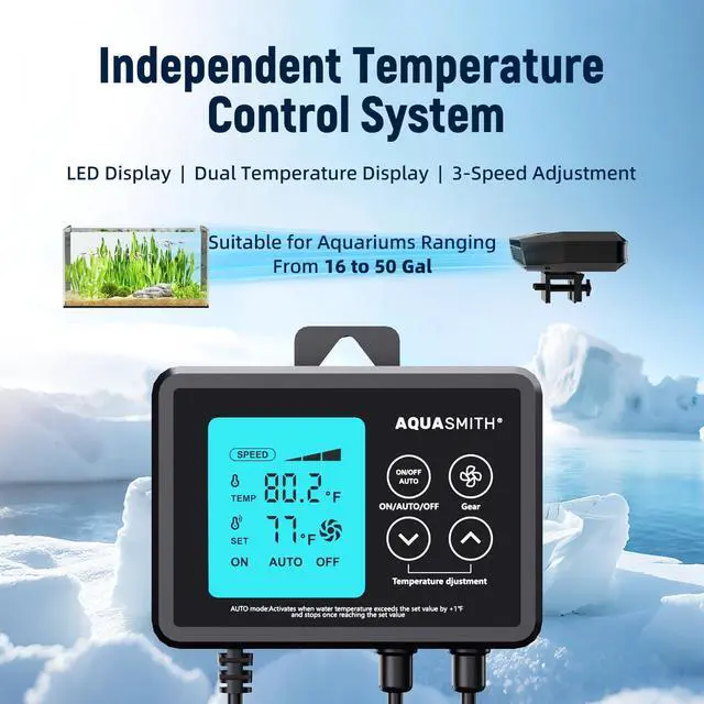 Alt view image 3 of 7 - Aquarium Chiller Fan,Fish Tank Cooler with Temperature Control,Minimum Setting 59,Auto Start/Stop,Refrigeration Effect 3-7,3-Speed Modes,for Axolotl Seawater Freshwater Coral Grass Tank