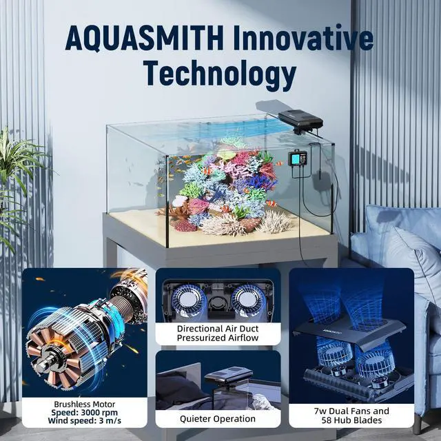 Alt view image 5 of 7 - Aquarium Chiller Fan,Fish Tank Cooler with Temperature Control,Minimum Setting 59,Auto Start/Stop,Refrigeration Effect 3-7,3-Speed Modes,for Axolotl Seawater Freshwater Coral Grass Tank