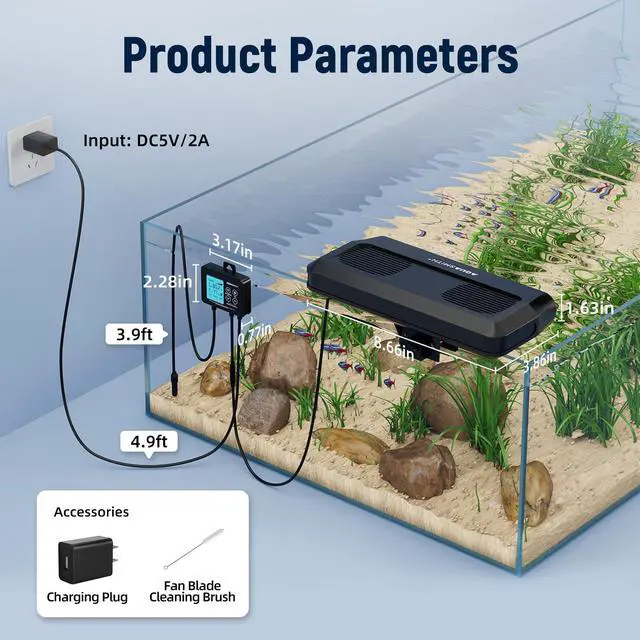 Alt view image 7 of 7 - Aquarium Chiller Fan,Fish Tank Cooler with Temperature Control,Minimum Setting 59,Auto Start/Stop,Refrigeration Effect 3-7,3-Speed Modes,for Axolotl Seawater Freshwater Coral Grass Tank