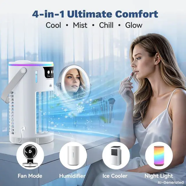 Alt view image 4 of 7 - Portable Air Conditioners Desktop AC Unit with Water Ice Cooling Mist, Personal Evaporative Air Cooler Fan Mini Swamp Cooler for Bedroom, Nightstand, Office, Dorm, RV (White)