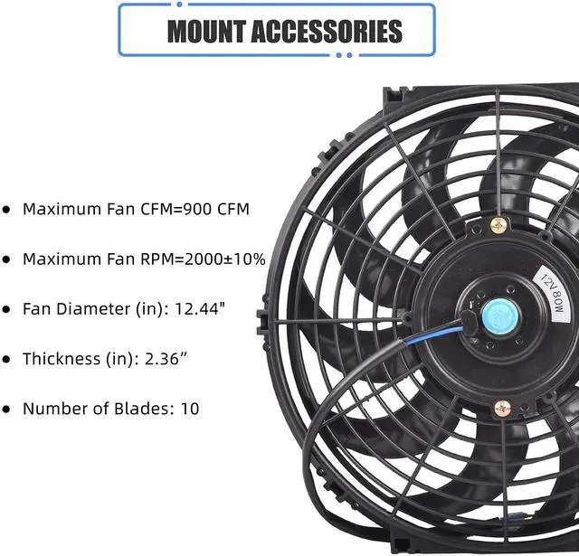 Alt view image 3 of 7 - 12 Inch Slim Fan Push Pull Electric Radiator Cooling Fan Universal High Performance 12V 80W Motor with Fan Mounting Kit (Black)
