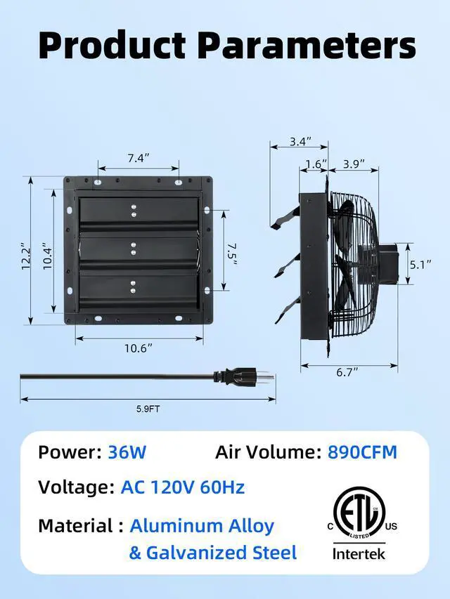 Alt view image 6 of 7 - 10 Inch Shutter Exhaust Fan for Garage, 890 CFM, Plug & Play