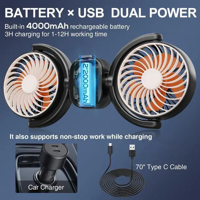 Alt view image 2 of 7 - Rechargeable Car Fan for Back Seat, Battery and USB Dual Power Car Fans for Baby Kids, Powerful 3 Speeds 360° Rotatable Dual Head Cooling Car Seat Fan